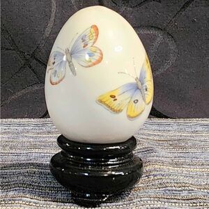 French Limoges porcelain Egg with Butterfly Design and black stand